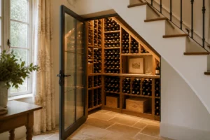 Cave à vin sous escalier avec casiers en chêne et porte vitrée dans une maison française