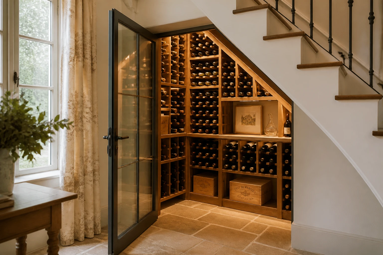 Cave à vin sous escalier avec casiers en chêne et porte vitrée dans une maison française