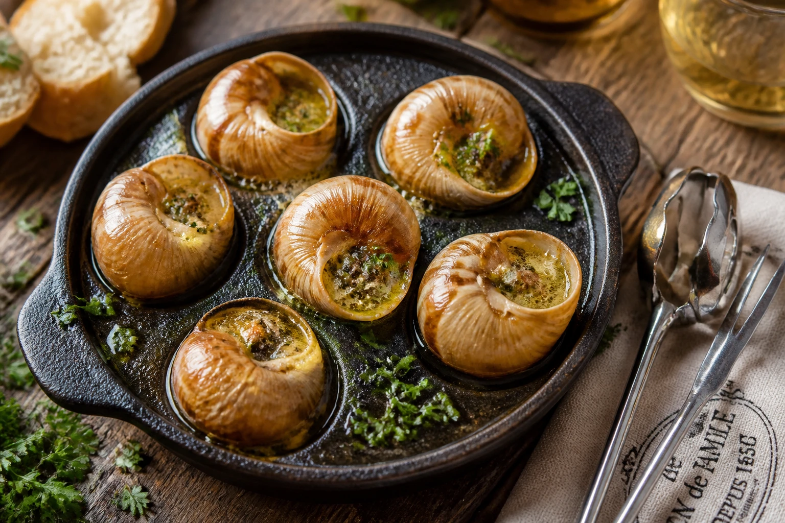 Escargots à la bourguignonne dans un plat en fonte, beurre persillé mousseux et coquilles dorées au four