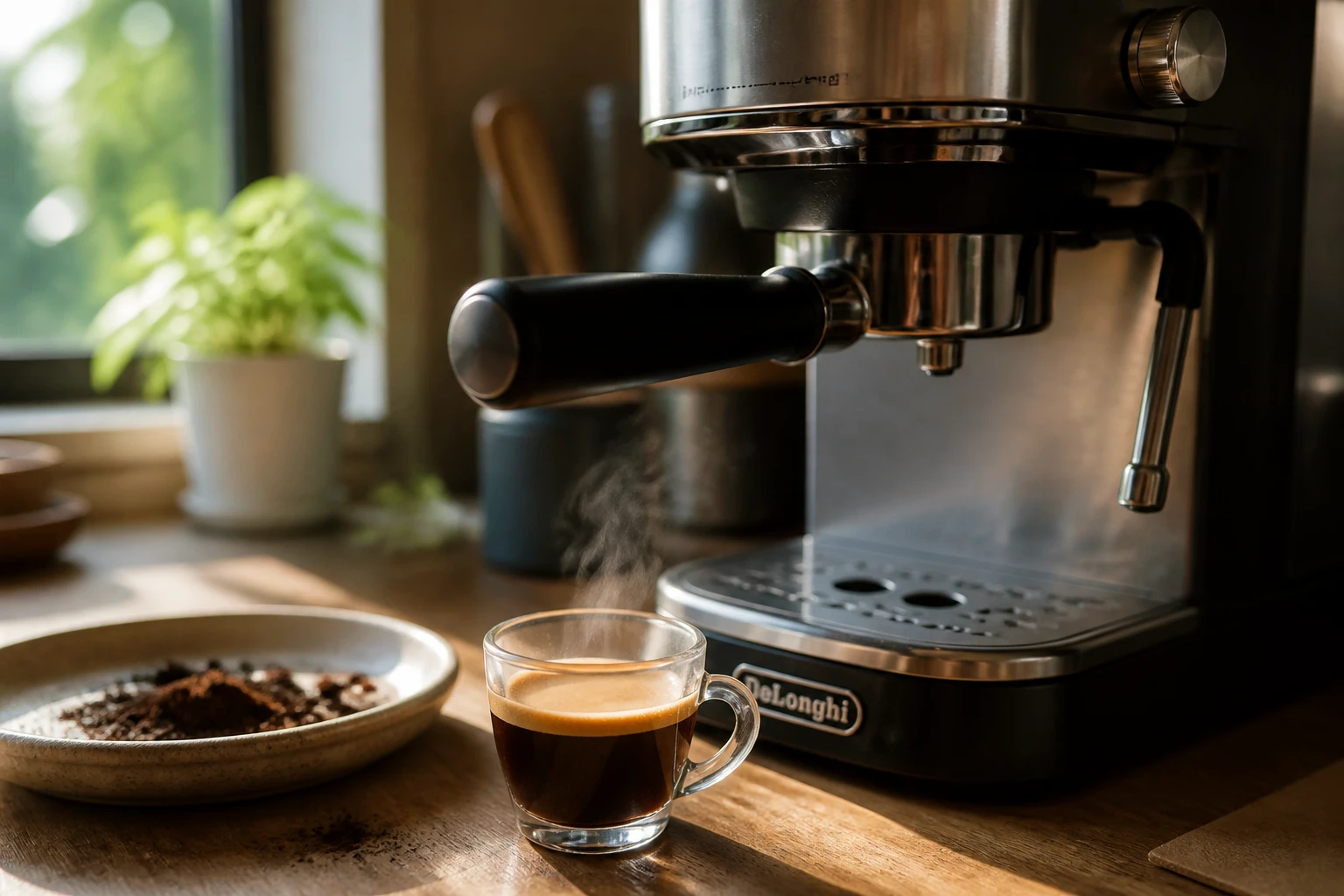 Machine à café espresso compacte sur un plan de travail en bois avec une tasse d'espresso fumante