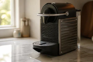Machine Nespresso Citiz posée sur un plan de travail en marbre avec une petite flaque d'eau dessous