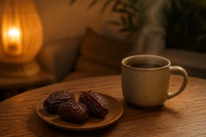 Trois dattes Medjool sur une assiette en céramique avec une tisane le soir, ambiance lumière douce