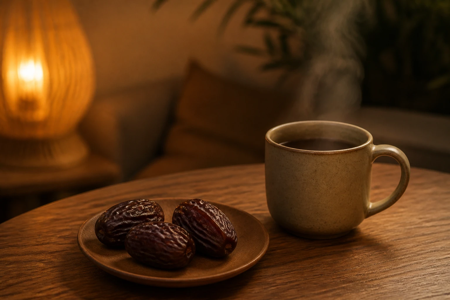 Trois dattes Medjool sur une assiette en céramique avec une tisane le soir, ambiance lumière douce