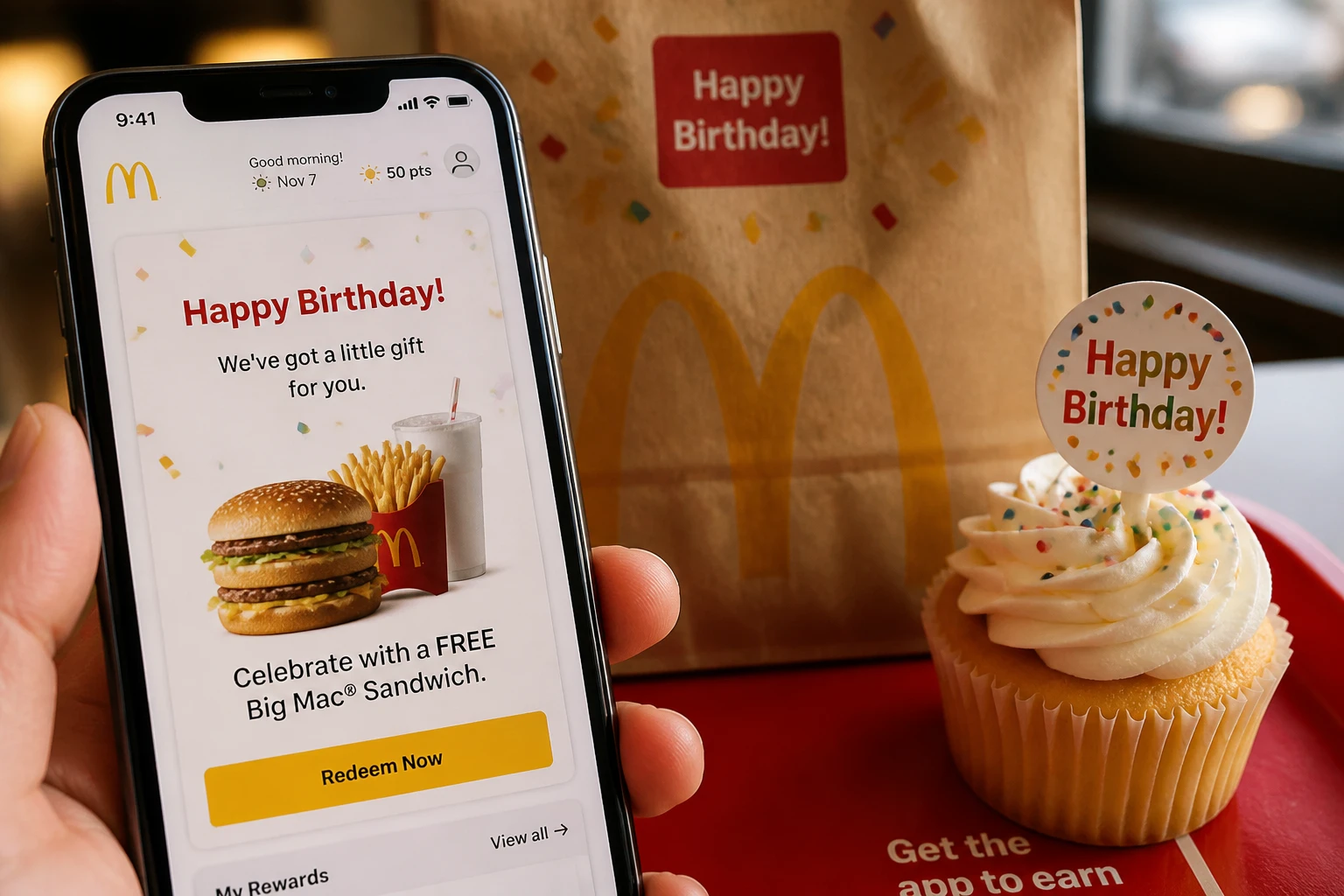 Application McDo+ affichant une offre anniversaire sur smartphone posé sur un plateau McDonald's