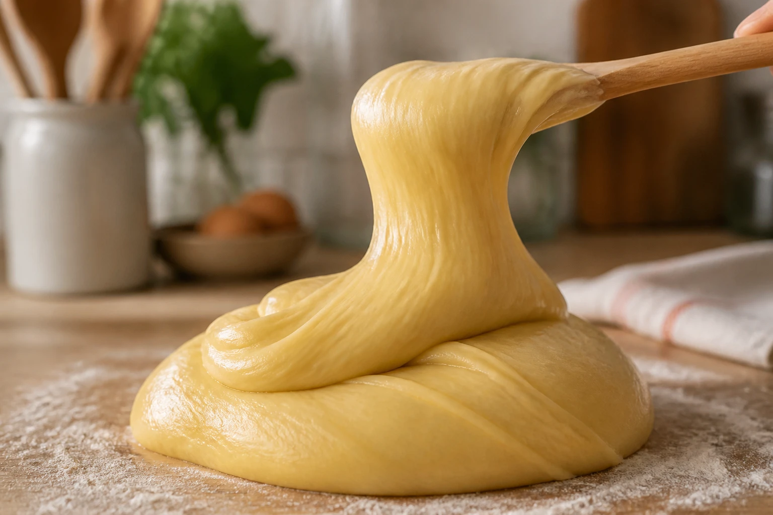 Test du bec d'oiseau sur une pâte à choux : ruban de pâte brillante qui retombe doucement au bout d'une spatule en bois