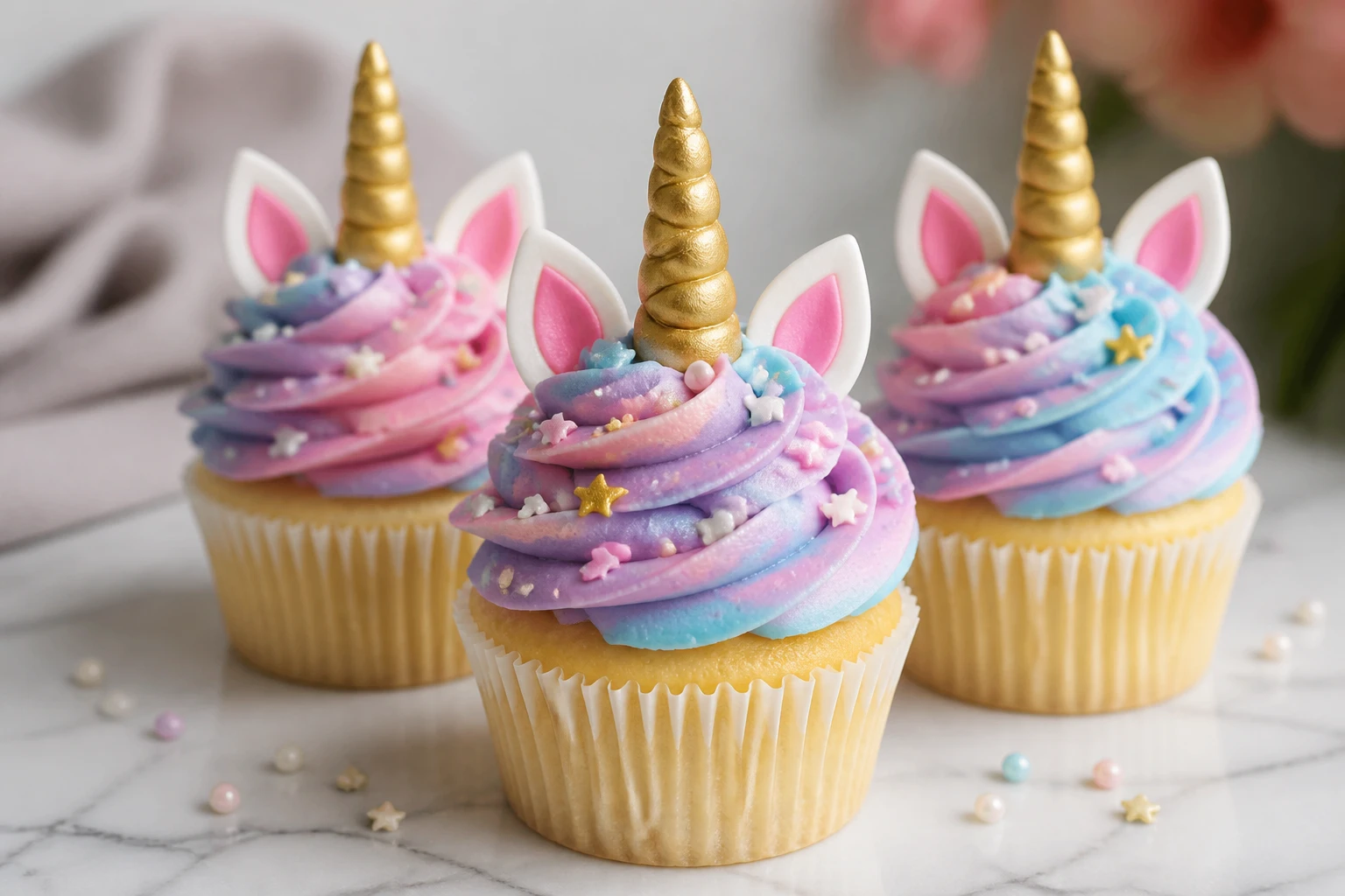 Recette cupcake licorne : glaçage multicolore et décorations en pâte à sucre