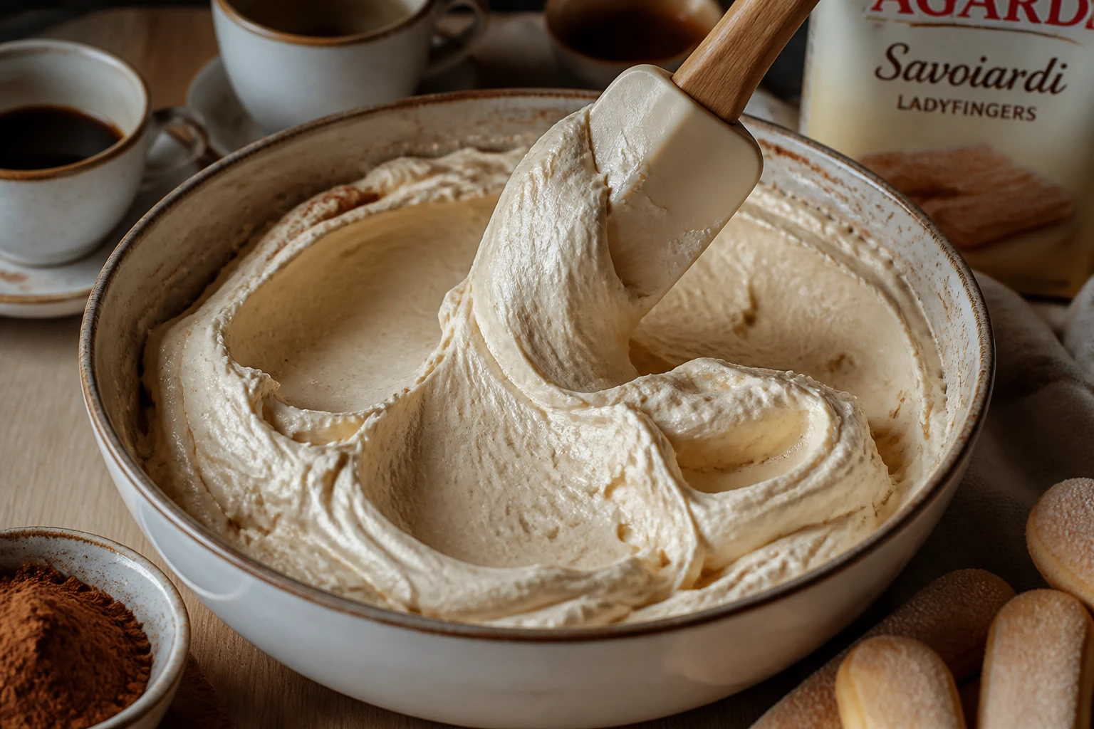 Crème mascarpone pour tiramisu en cours d'incorporation, texture légère et mousseuse, cuisine italienne