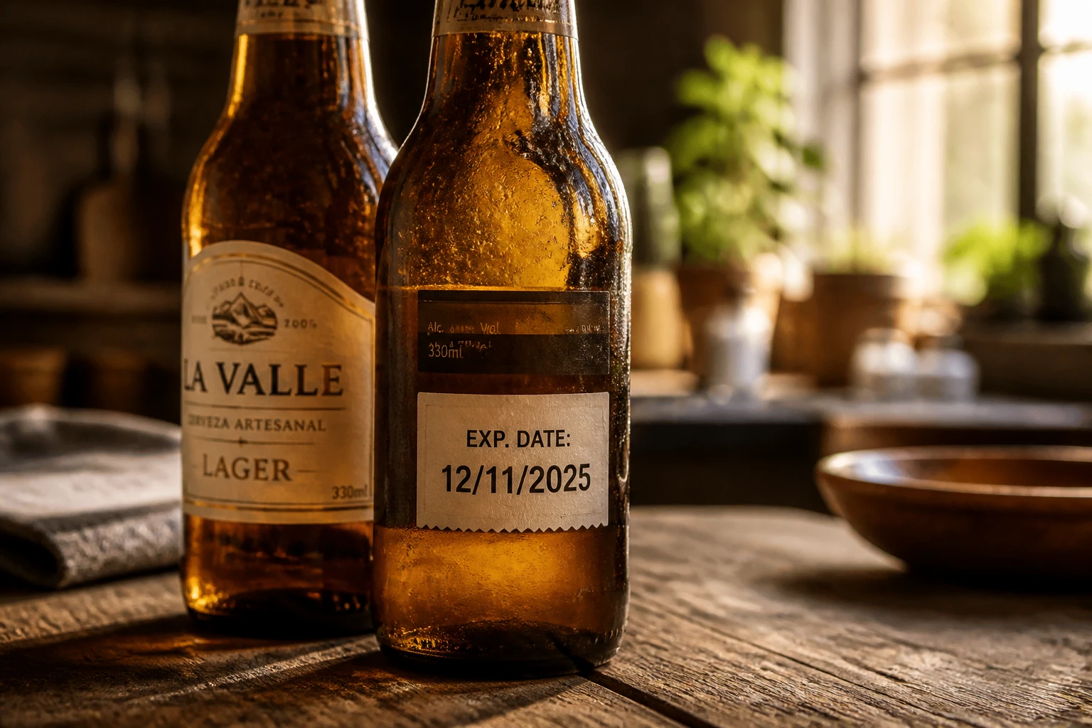 Bouteilles de bière avec date de péremption sur un comptoir en bois dans une cuisine rustique
