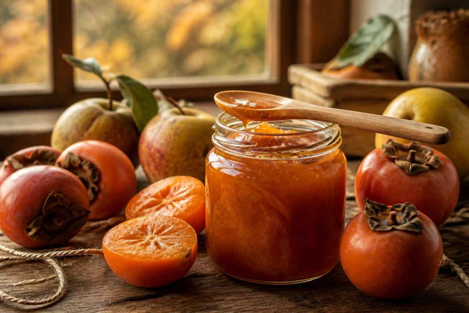 Pot de confiture de kaki et pommes couleur ambrée sur table en bois avec fruits frais et cuillère en bois