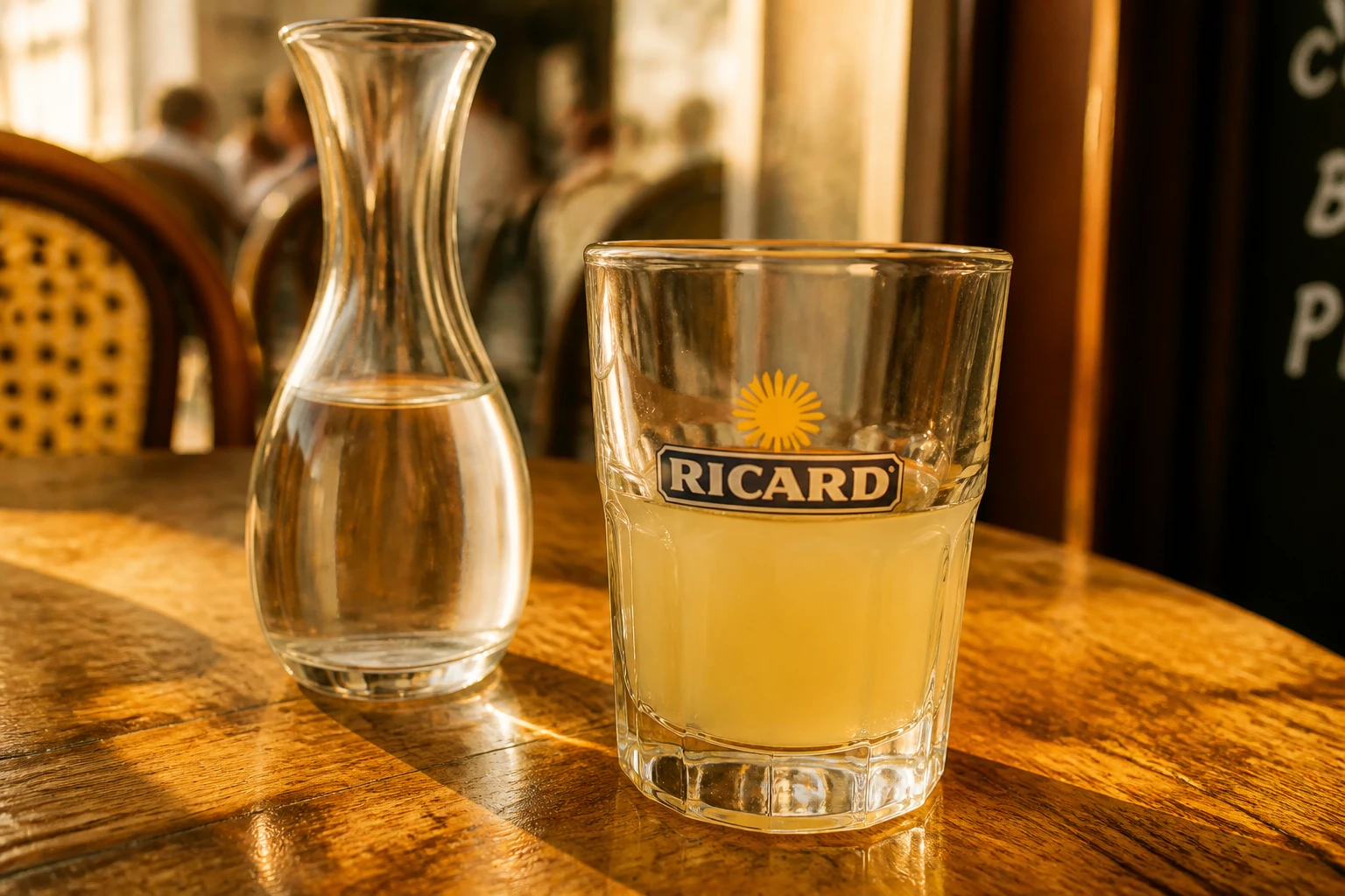 Verre de Ricard avec carafe d'eau sur une terrasse française ensoleillée, service classique à la française