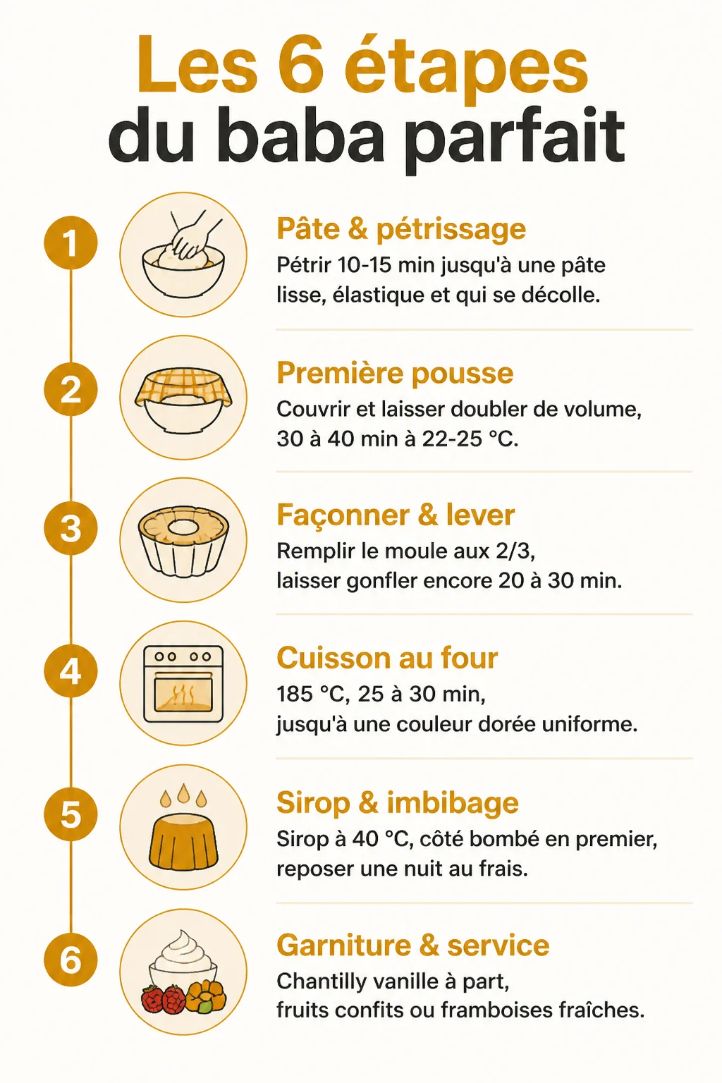 Les 6 étapes du baba parfait : 1. Pâte & pétrissage, 2. Première pousse, 3. Façonner & lever, 4. Cuisson au four, 5. Sirop & imbibage, 6. Garniture & service