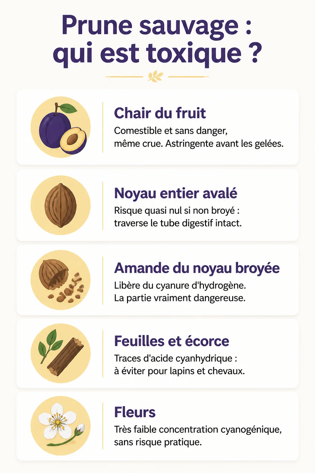 Prune sauvage : qui est toxique ? : Chair du fruit, Noyau entier avalé, Amande du noyau broyée, Feuilles et écorce, Fleurs