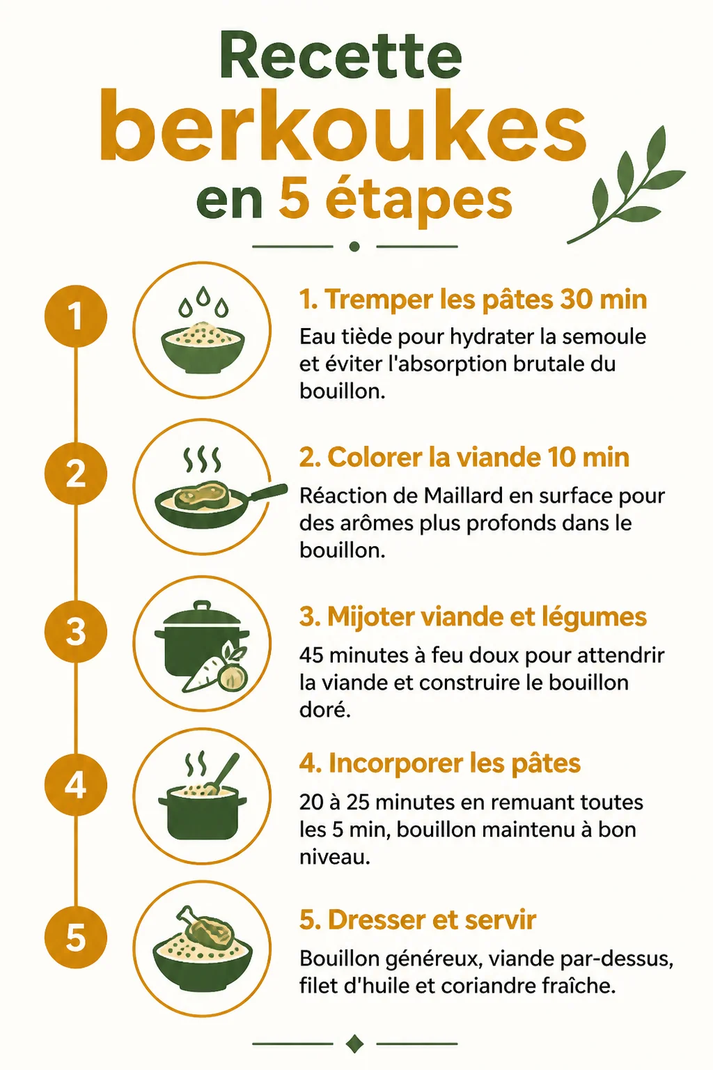 Recette berkoukes en 5 étapes : 1. Tremper les pâtes 30 min, 2. Colorer la viande 10 min, 3. Mijoter viande et légumes, 4. Incorporer les pâtes, 5. Dresser et servir