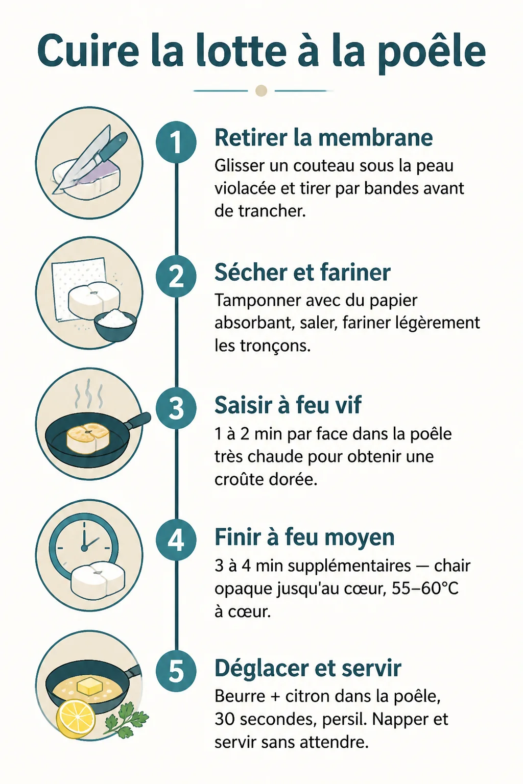Cuire la lotte à la poêle : 1. Retirer la membrane, 2. Sécher et fariner, 3. Saisir à feu vif, 4. Finir à feu moyen, 5. Déglacer et servir
