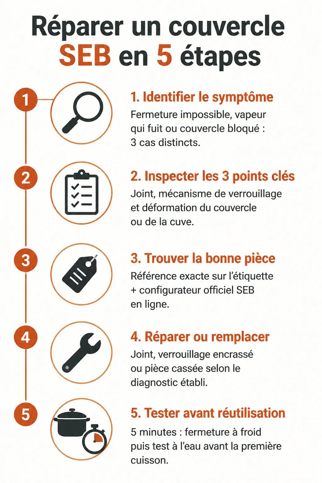 Réparer un couvercle SEB en 5 étapes : 1. Identifier le symptôme, 2. Inspecter les 3 points clés, 3. Trouver la bonne pièce, 4. Réparer ou remplacer, 5. Tester avant réutilisation