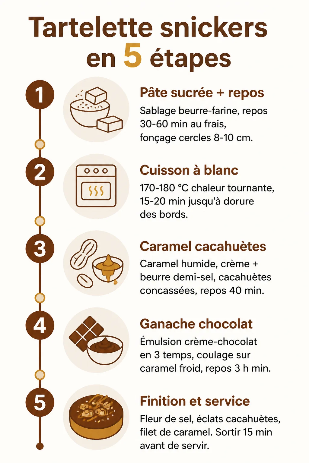 Tartelette snickers en 5 étapes : 1. Pâte sucrée + repos, 2. Cuisson à blanc, 3. Caramel cacahuètes, 4. Ganache chocolat, 5. Finition et service