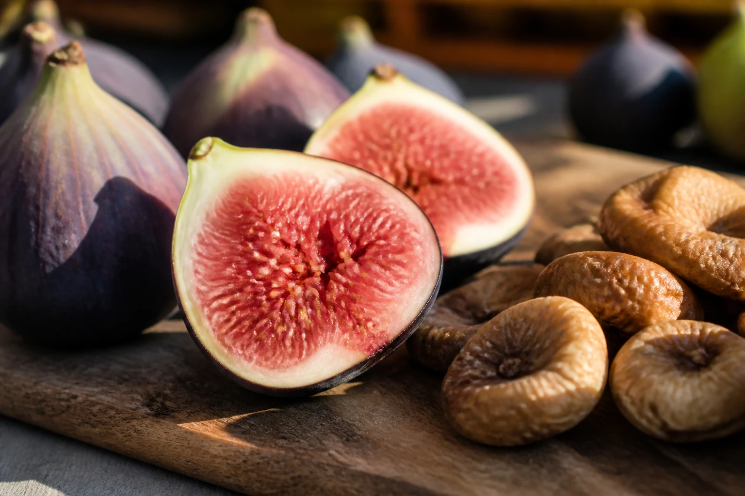 Figues fraîches coupées et figues sèches posées sur une planche en bois