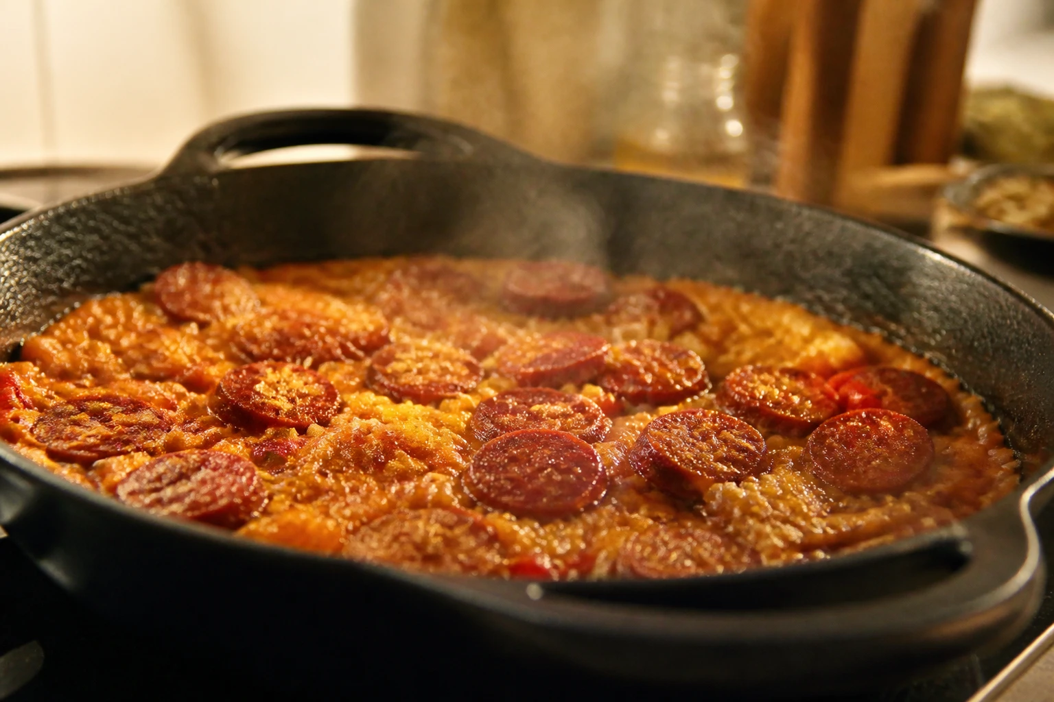 Rondelles de chorizo bien cuites dans une paella au riz safrané