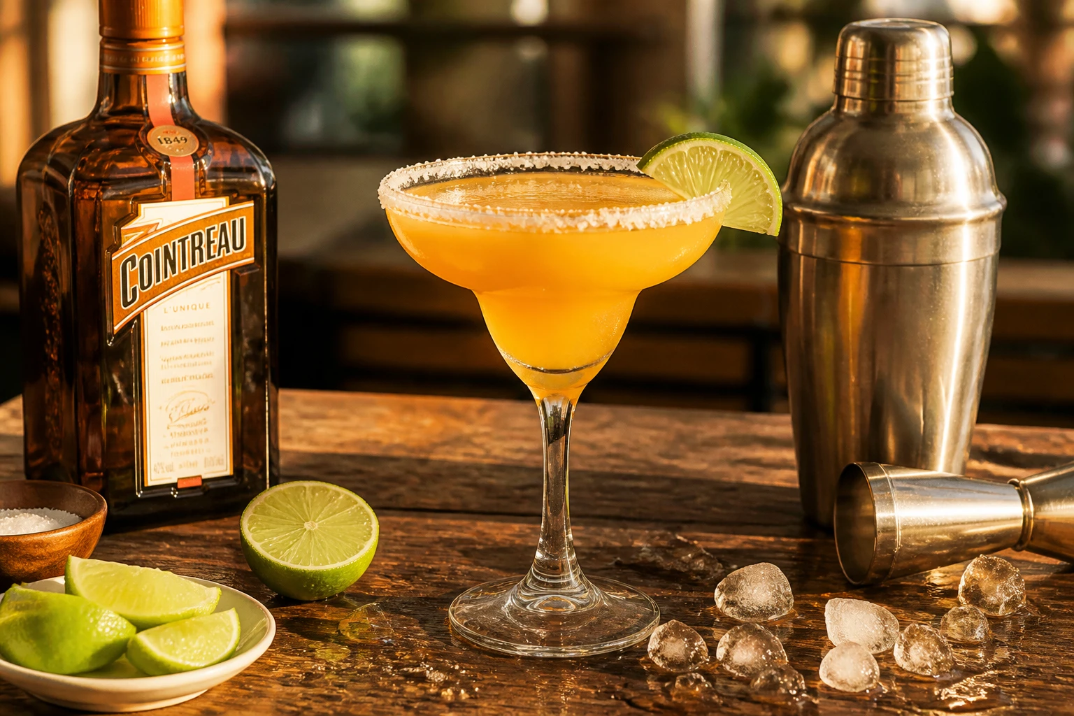 Cocktail au Cointreau dans un verre givré de sel avec citron vert et shaker en arrière-plan