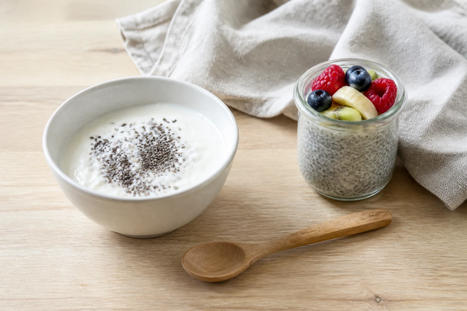 Bol de yaourt et pudding de chia aux fruits frais sur table en bois, lumière du matin