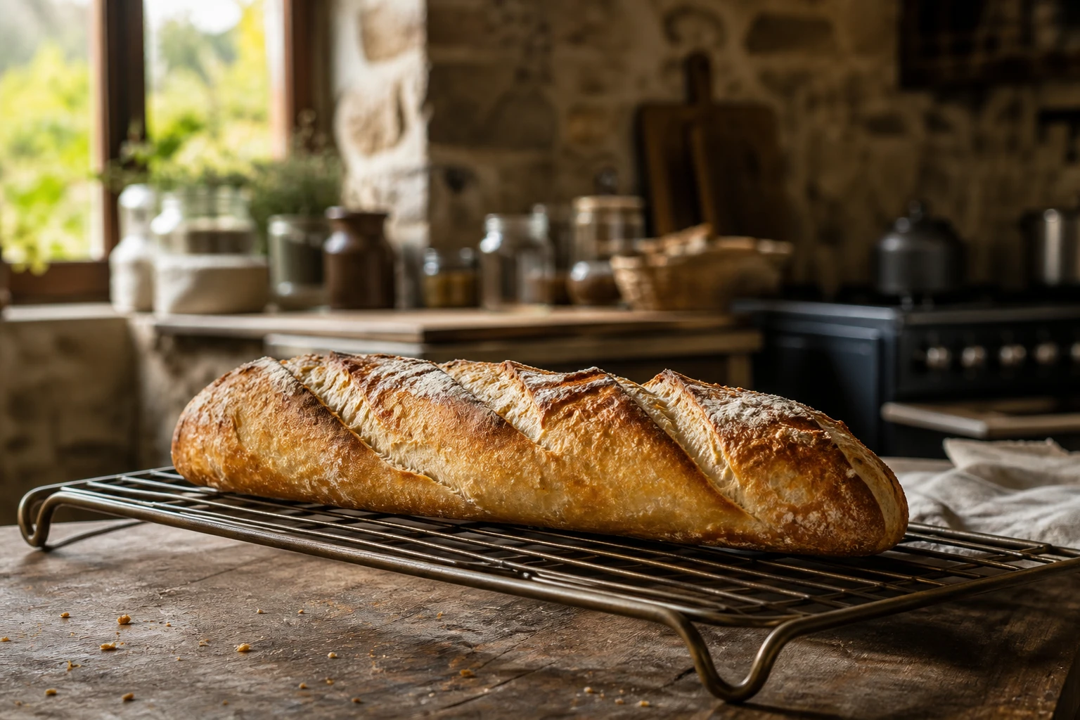 Baguette de pain décongelée et réchauffée au four, croûte dorée et croustillante, posée sur une grille