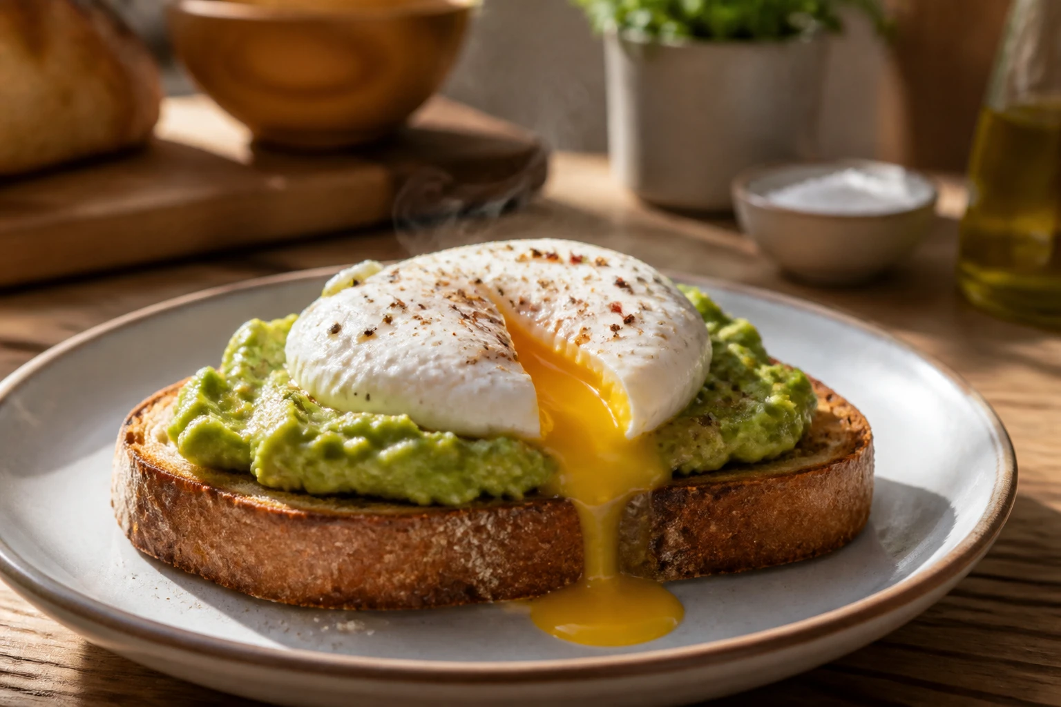 Œuf poché au jaune coulant sur toast à l'avocat, lumière naturelle en cuisine