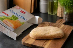Cordon bleu cru posé sur une planche en bois à côté de son emballage ouvert dans une cuisine