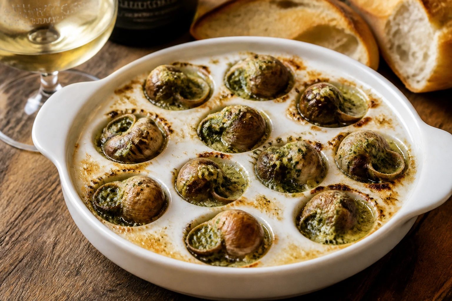 Escargots en coquille dorés au beurre persillé dans un plat en céramique blanche, éclairage naturel chaleureux