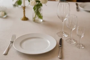 Table dressée avec trois verres alignés en diagonale à droite d'une assiette blanche