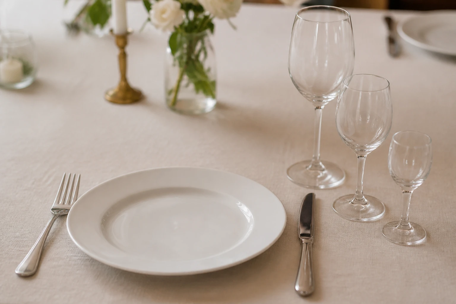 Table dressée avec trois verres alignés en diagonale à droite d'une assiette blanche