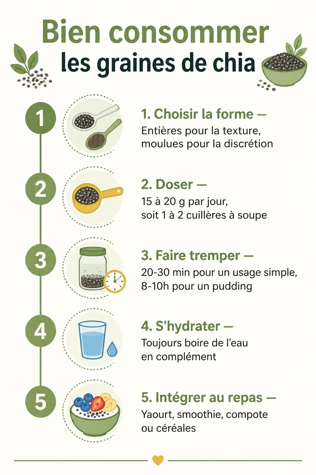 Bien consommer les graines de chia : 1. Choisir la forme, 2. Doser, 3. Faire tremper, 4. S'hydrater, 5. Intégrer au repas