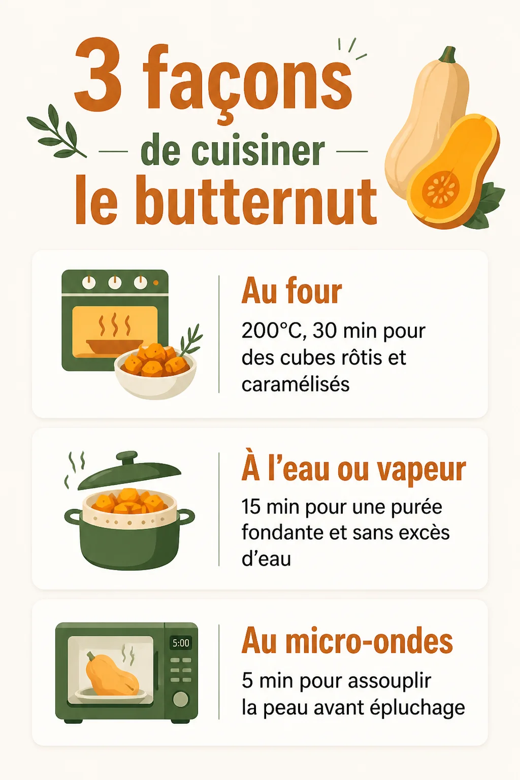 3 façons de cuisiner le butternut : Au four, À l'eau ou vapeur, Au micro-ondes