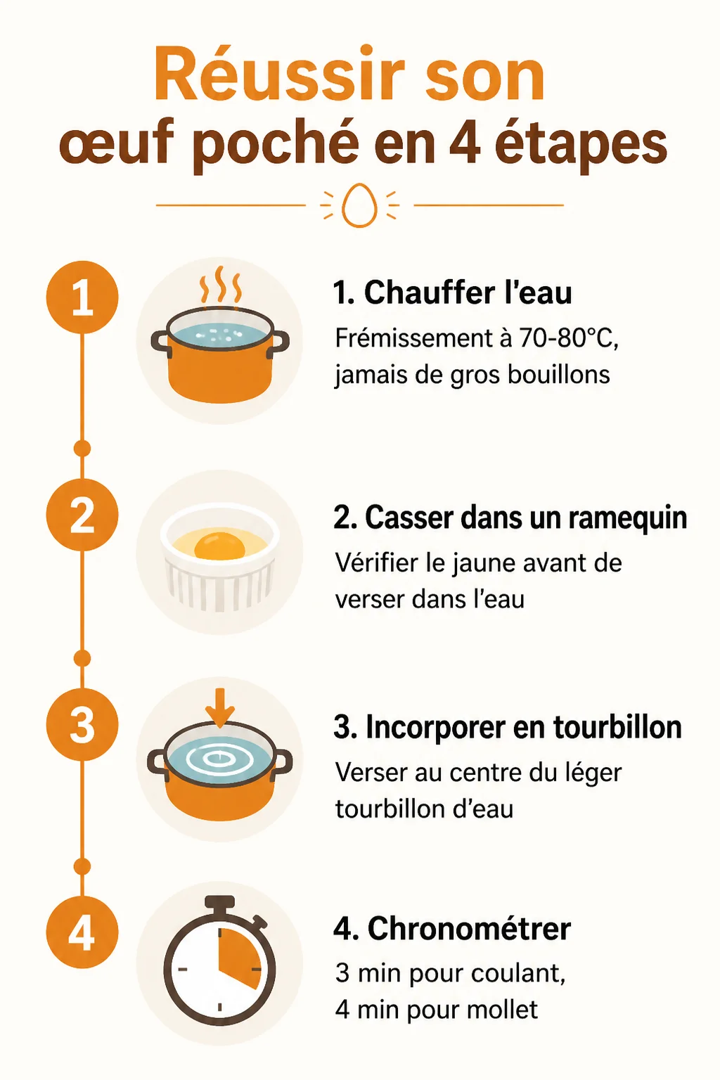 Réussir son œuf poché en 4 étapes : 1. Chauffer l'eau, 2. Casser dans un ramequin, 3. Incorporer en tourbillon, 4. Chronométrer