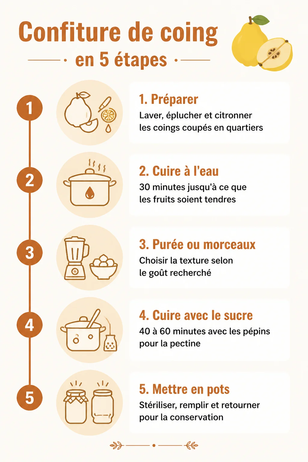 Confiture de coing en 5 étapes : 1. Préparer, 2. Cuire à l'eau, 3. Purée ou morceaux, 4. Cuire avec le sucre, 5. Mettre en pots