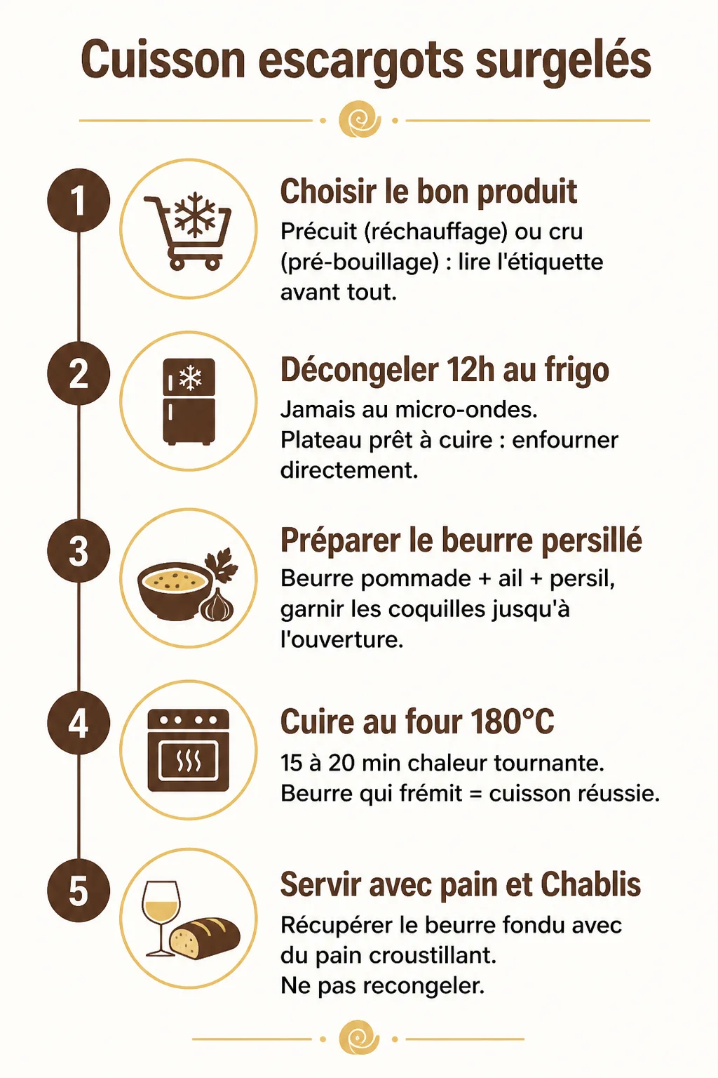 Cuisson escargots surgelés : 1. Choisir le bon produit, 2. Décongeler 12h au frigo, 3. Préparer le beurre persillé, 4. Cuire au four 180°C, 5. Servir avec pain et Chablis