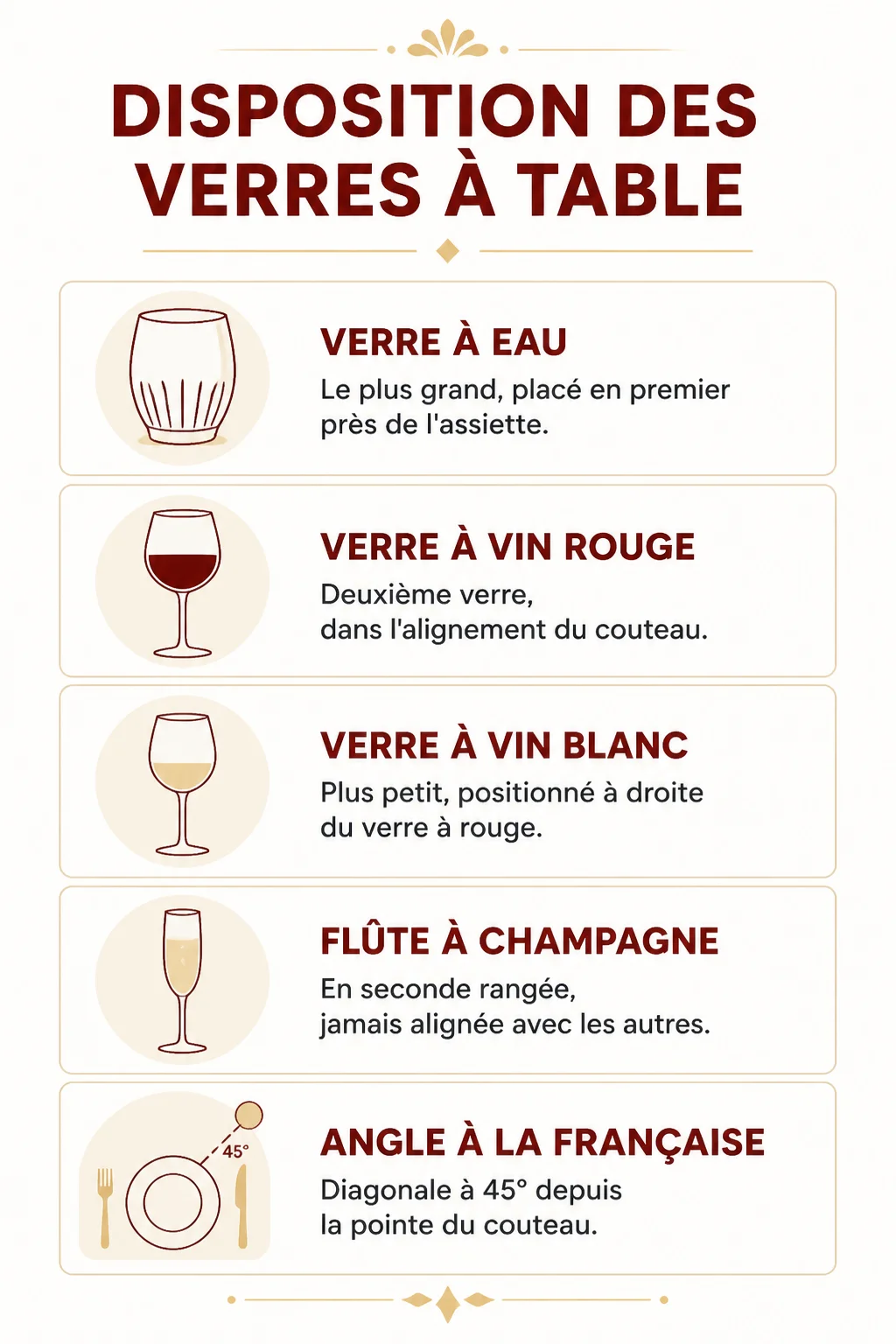 Disposition des verres à table : Verre à eau, Verre à vin rouge, Verre à vin blanc, Flûte à champagne, Angle à la française