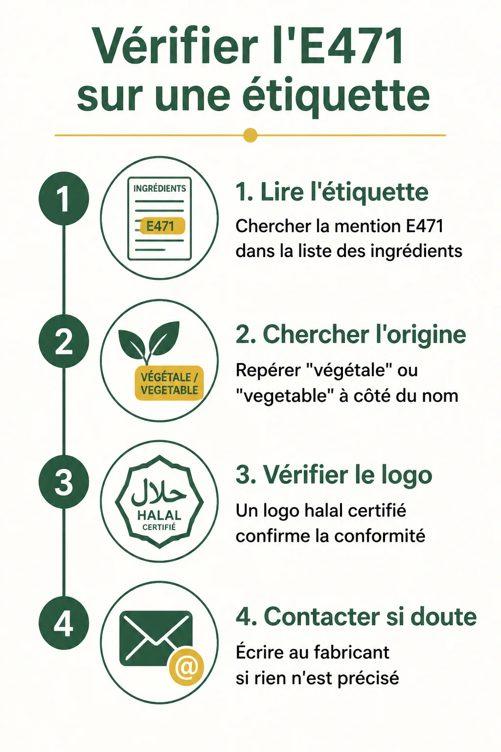 Vérifier l'E471 sur une étiquette : 1. Lire l'étiquette, 2. Chercher l'origine, 3. Vérifier le logo, 4. Contacter si doute
