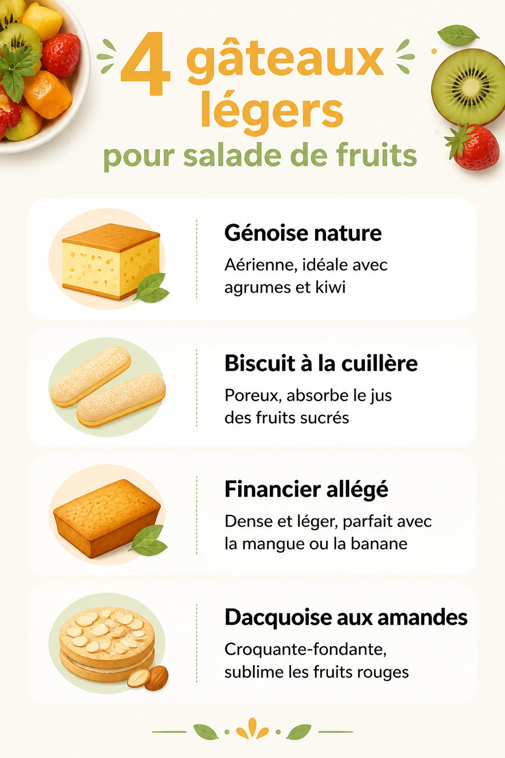 4 gâteaux légers pour salade de fruits : Génoise nature, Biscuit à la cuillère, Financier allégé, Dacquoise aux amandes