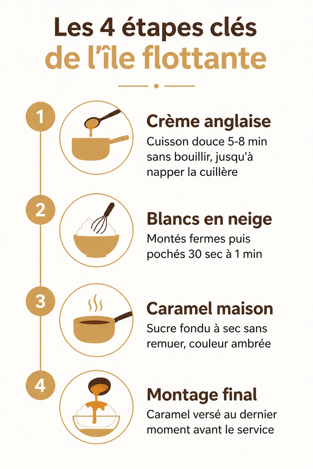 Les 4 étapes clés de l'île flottante : 1. Crème anglaise, 2. Blancs en neige, 3. Caramel maison, 4. Montage final
