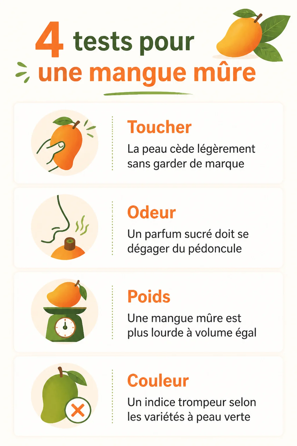 4 tests pour une mangue mûre : Toucher, Odeur, Poids, Couleur
