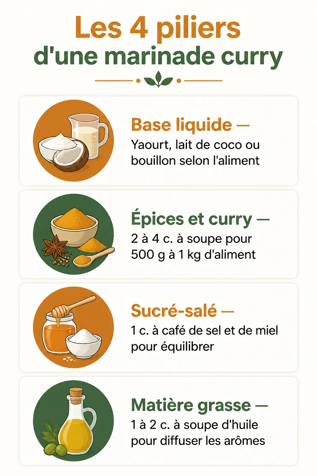 Les 4 piliers d'une marinade curry : Base liquide, Épices et curry, Sucré-salé, Matière grasse