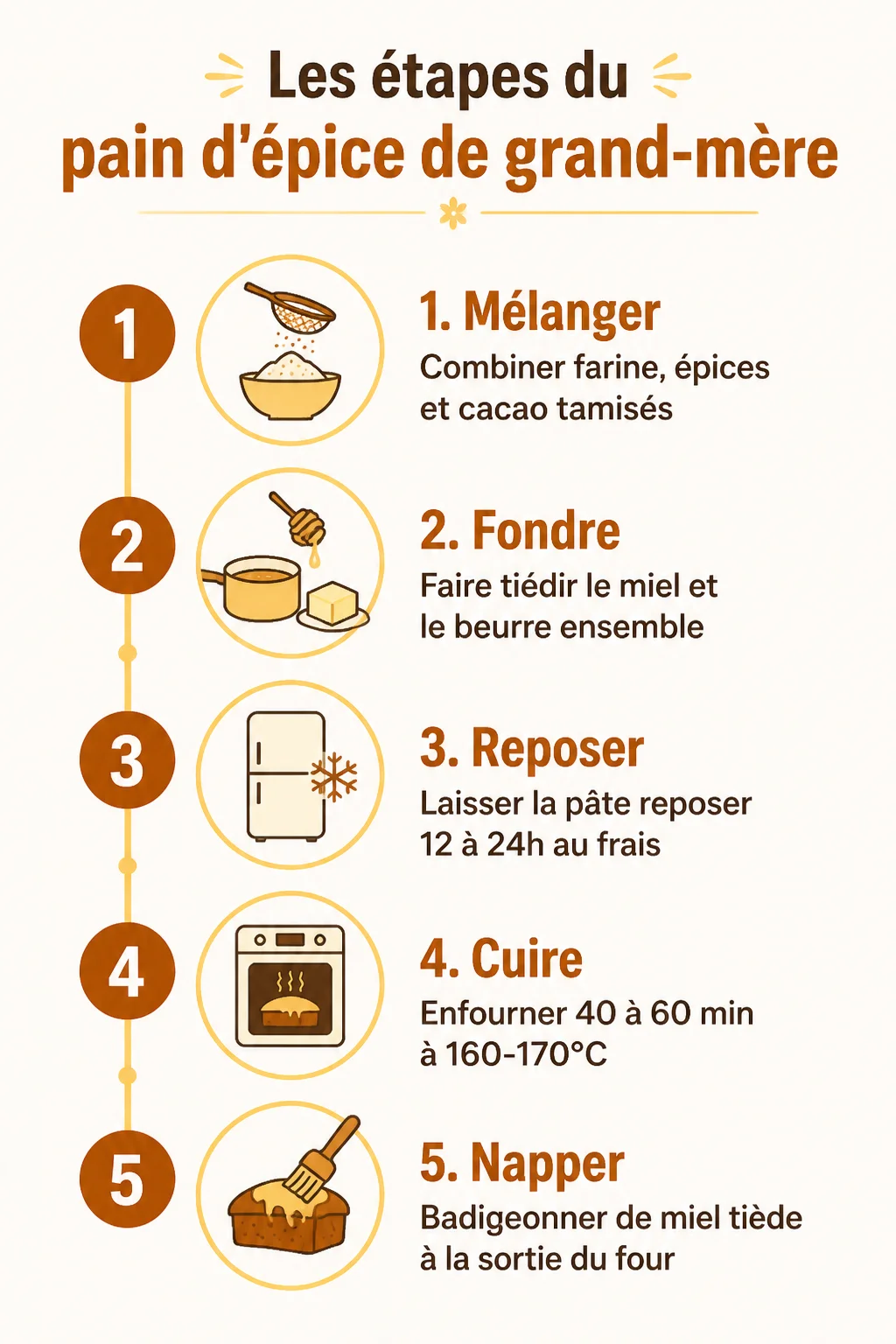 Les étapes du pain d'épice de grand-mère : 1. Mélanger, 2. Fondre, 3. Reposer, 4. Cuire, 5. Napper