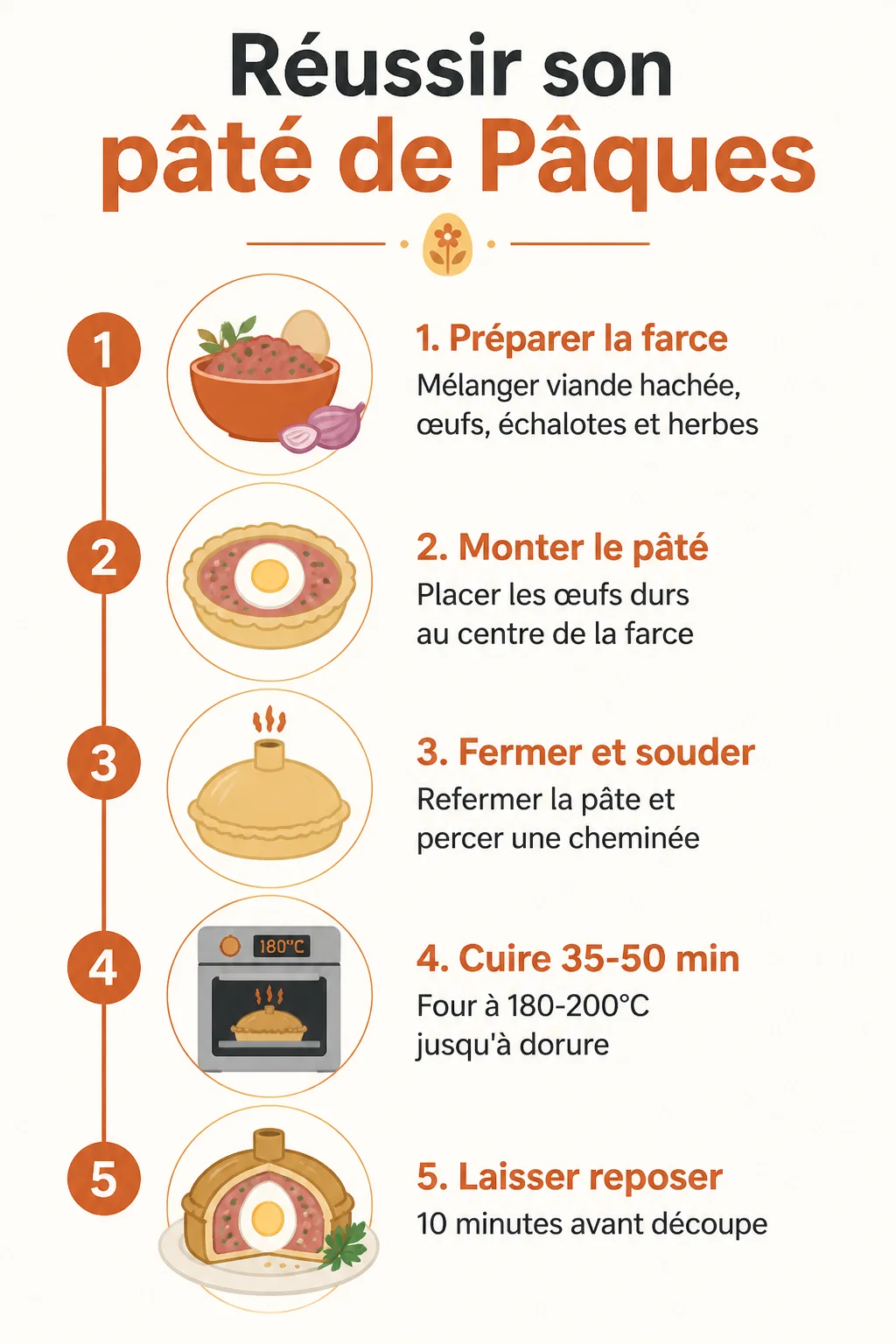 Réussir son pâté de Pâques : 1. Préparer la farce, 2. Monter le pâté, 3. Fermer et souder, 4. Cuire 35-50 min, 5. Laisser reposer