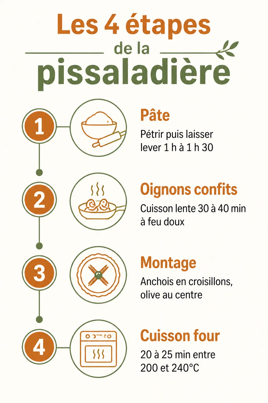 Les 4 étapes de la pissaladière : 1. Pâte, 2. Oignons confits, 3. Montage, 4. Cuisson four
