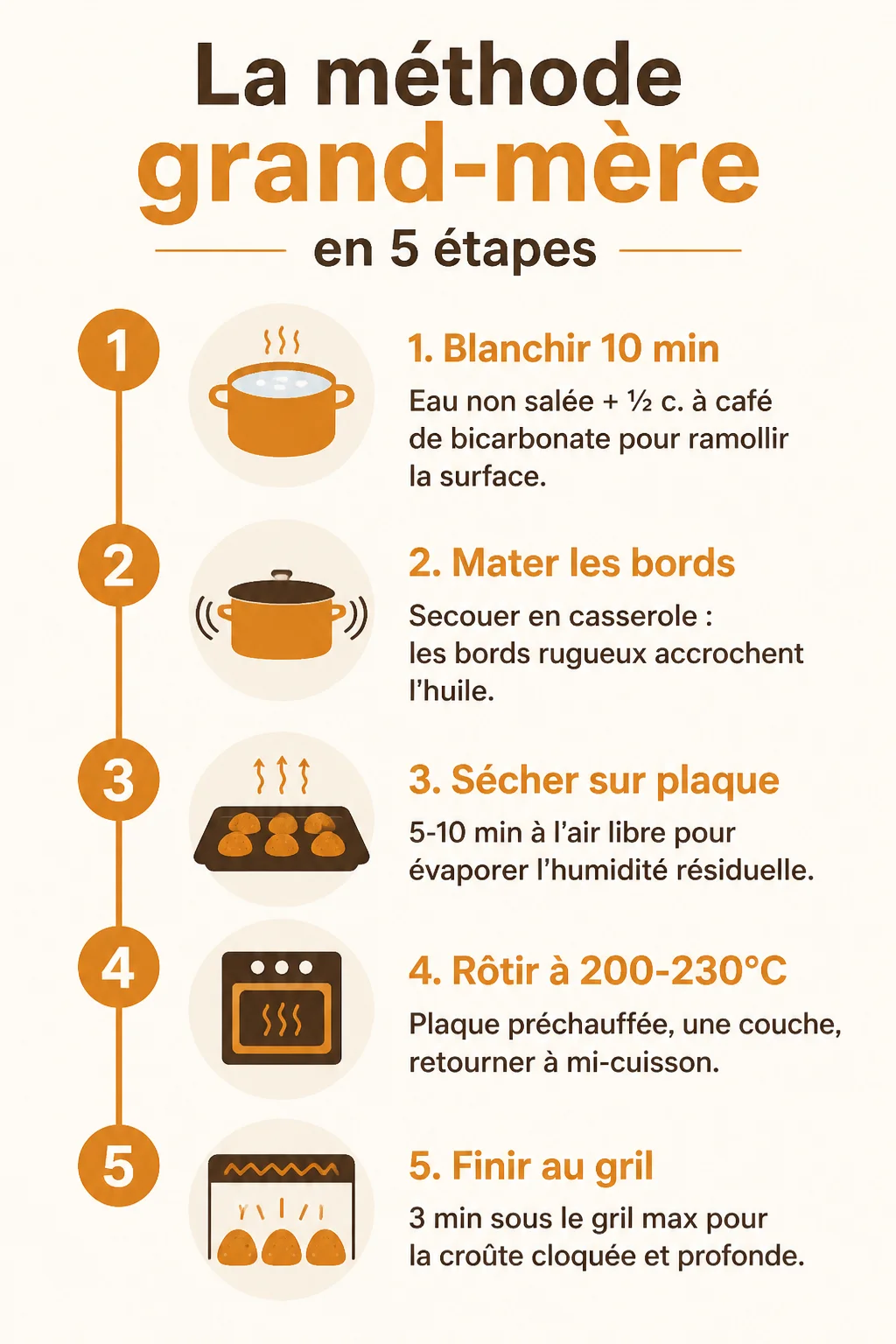 La méthode grand-mère en 5 étapes : 1. Blanchir 10 min, 2. Mater les bords, 3. Sécher sur plaque, 4. Rôtir à 200-230°C, 5. Finir au gril