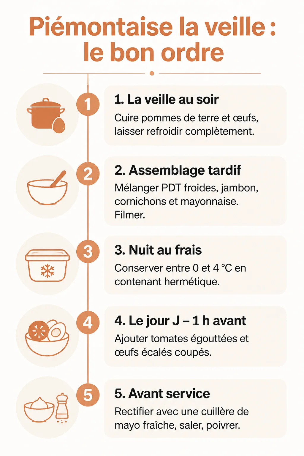 Piémontaise la veille : le bon ordre : 1. La veille au soir, 2. Assemblage tardif, 3. Nuit au frais, 4. Le jour J – 1 h avant, 5. Avant service