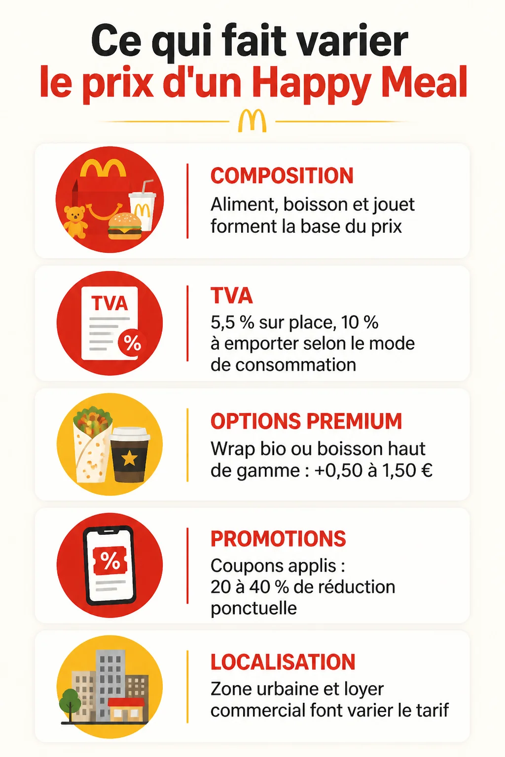 Ce qui fait varier le prix d'un Happy Meal : Composition, TVA, Options premium, Promotions, Localisation