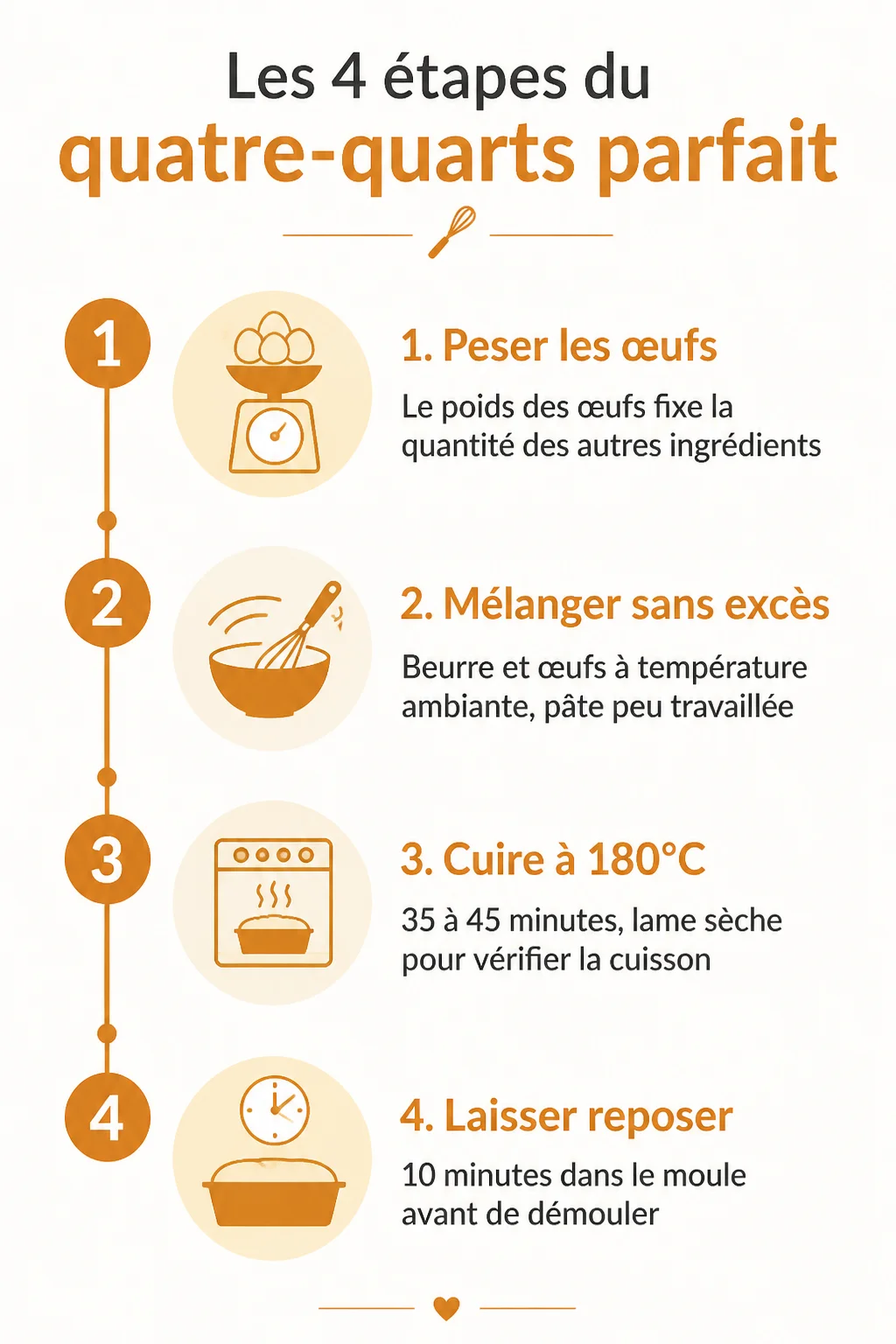 Les 4 étapes du quatre-quarts parfait : 1. Peser les œufs, 2. Mélanger sans excès, 3. Cuire à 180°C, 4. Laisser reposer