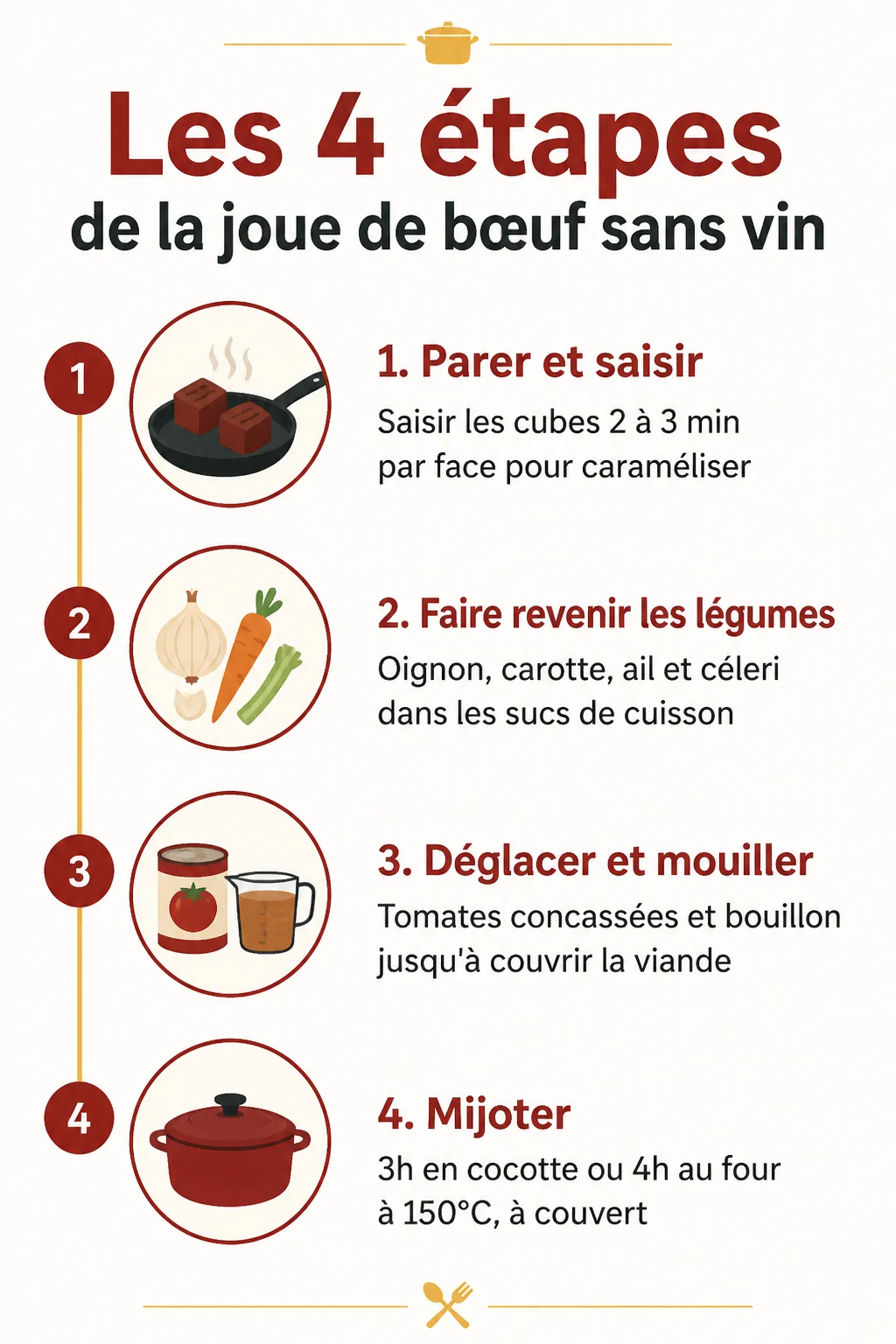 Les 4 étapes de la joue de bœuf sans vin : 1. Parer et saisir, 2. Faire revenir les légumes, 3. Déglacer et mouiller, 4. Mijoter