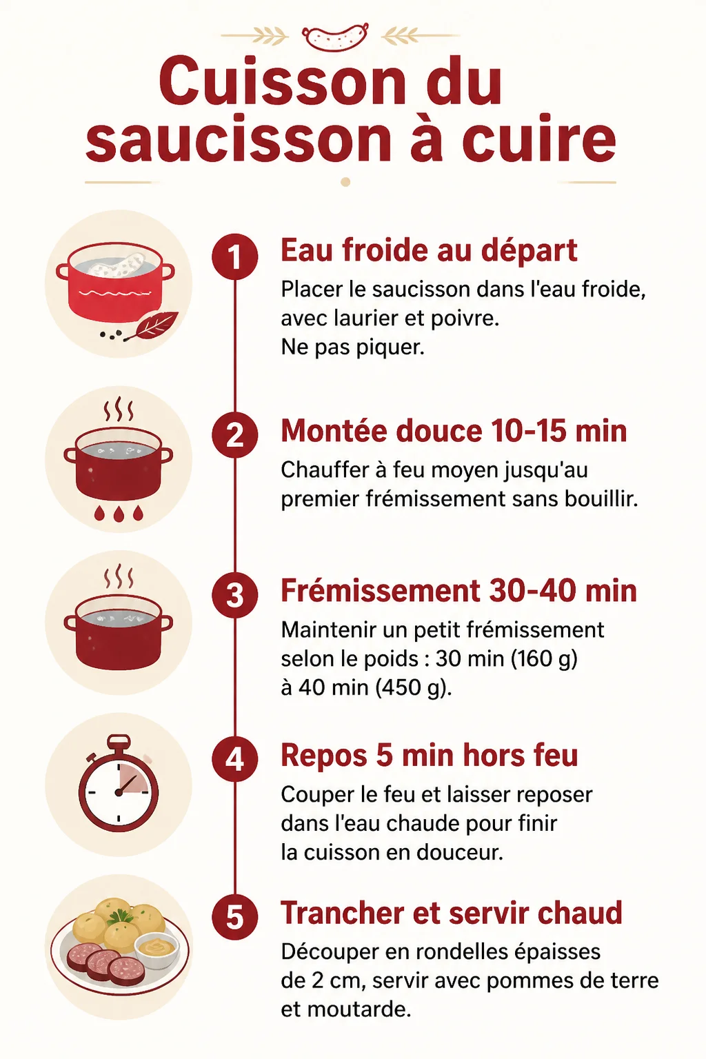 Cuisson du saucisson à cuire : 1. Eau froide au départ, 2. Montée douce 10-15 min, 3. Frémissement 30-40 min, 4. Repos 5 min hors feu, 5. Trancher et servir chaud